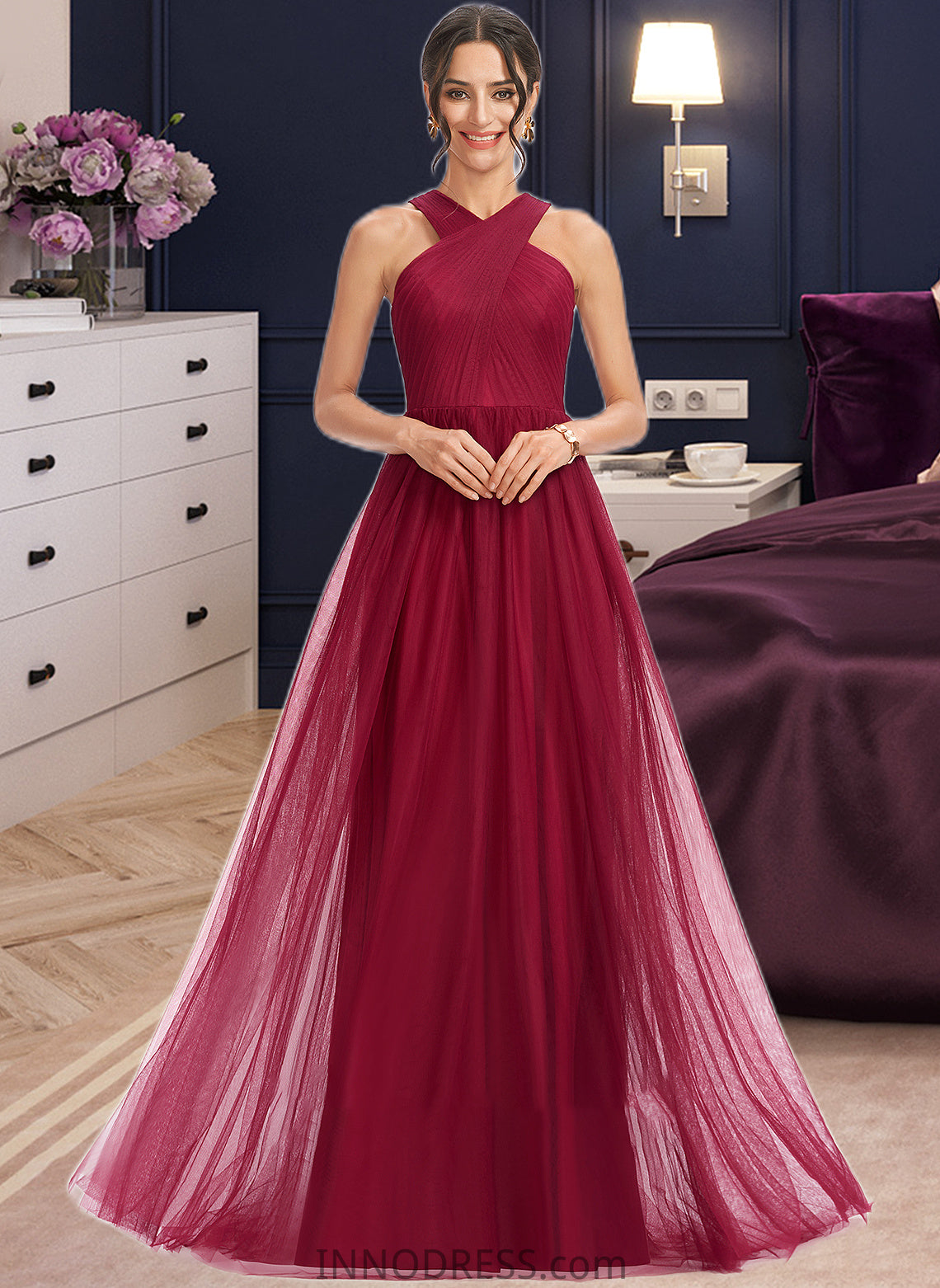 Abagail A-Line Halter Floor-Length Bridesmaid Dress With Ruffle DPP0013274