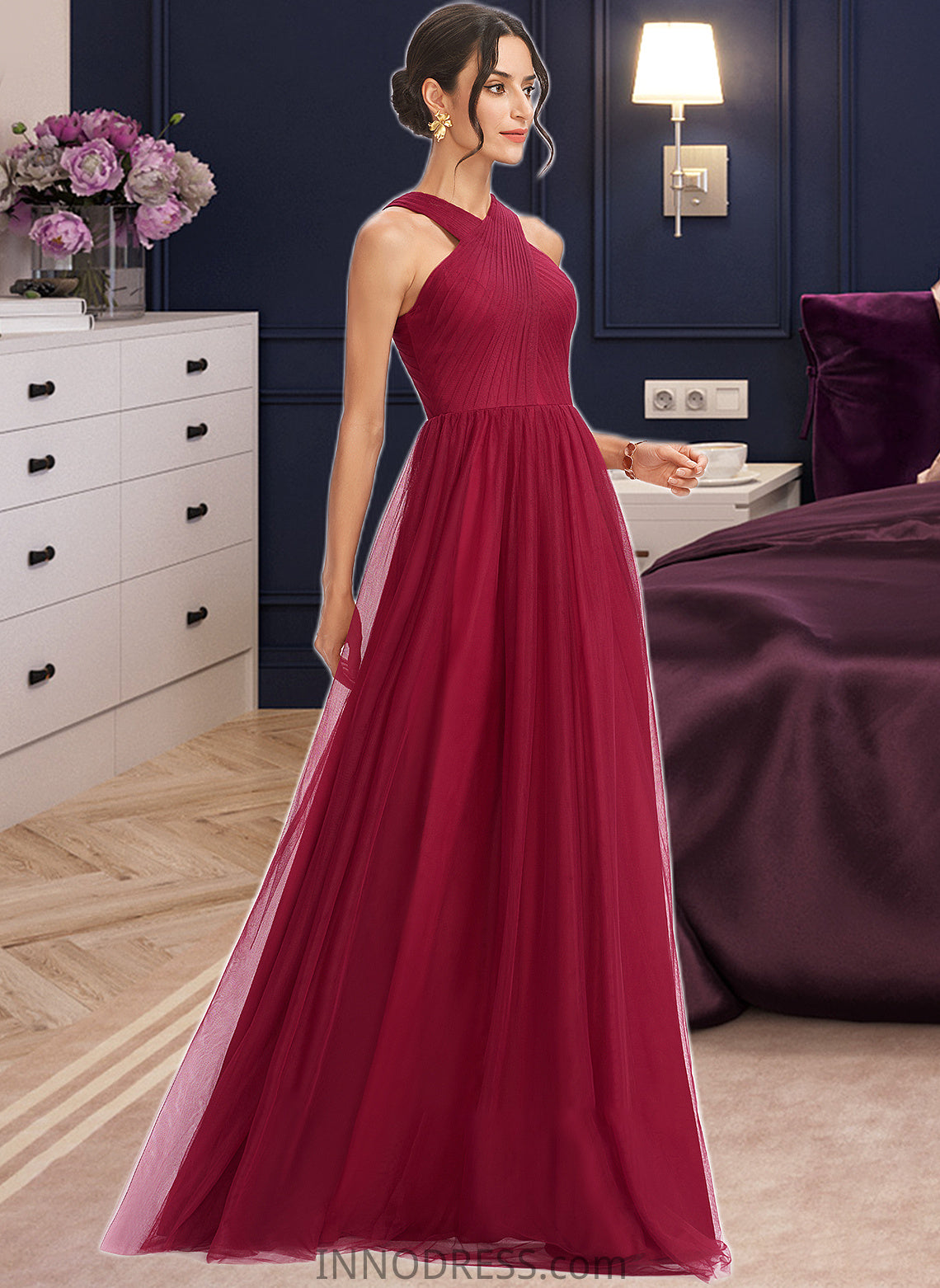 Abagail A-Line Halter Floor-Length Bridesmaid Dress With Ruffle DPP0013274