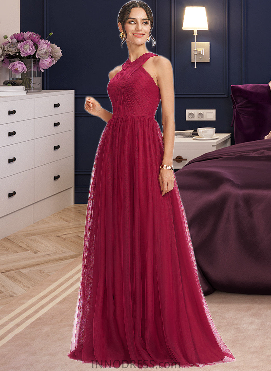 Abagail A-Line Halter Floor-Length Bridesmaid Dress With Ruffle DPP0013274