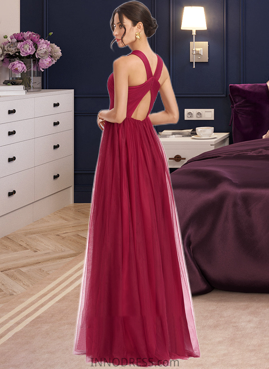 Abagail A-Line Halter Floor-Length Bridesmaid Dress With Ruffle DPP0013274