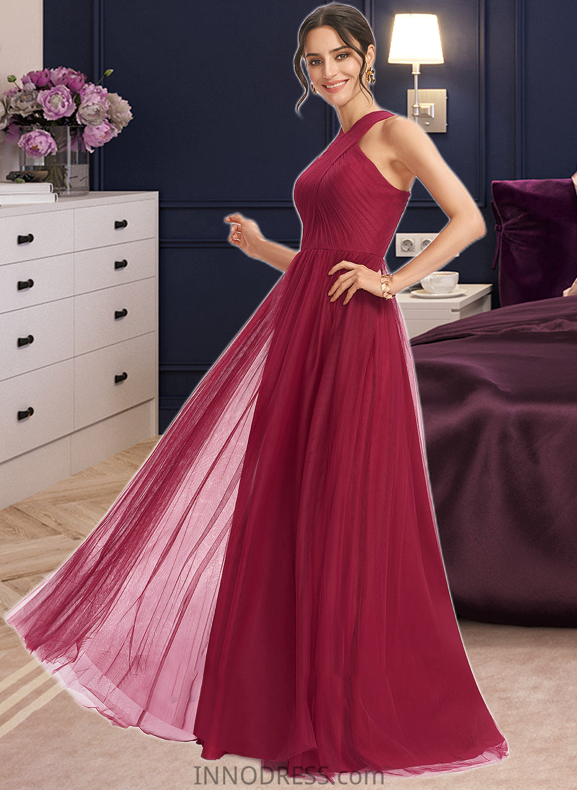 Abagail A-Line Halter Floor-Length Bridesmaid Dress With Ruffle DPP0013274