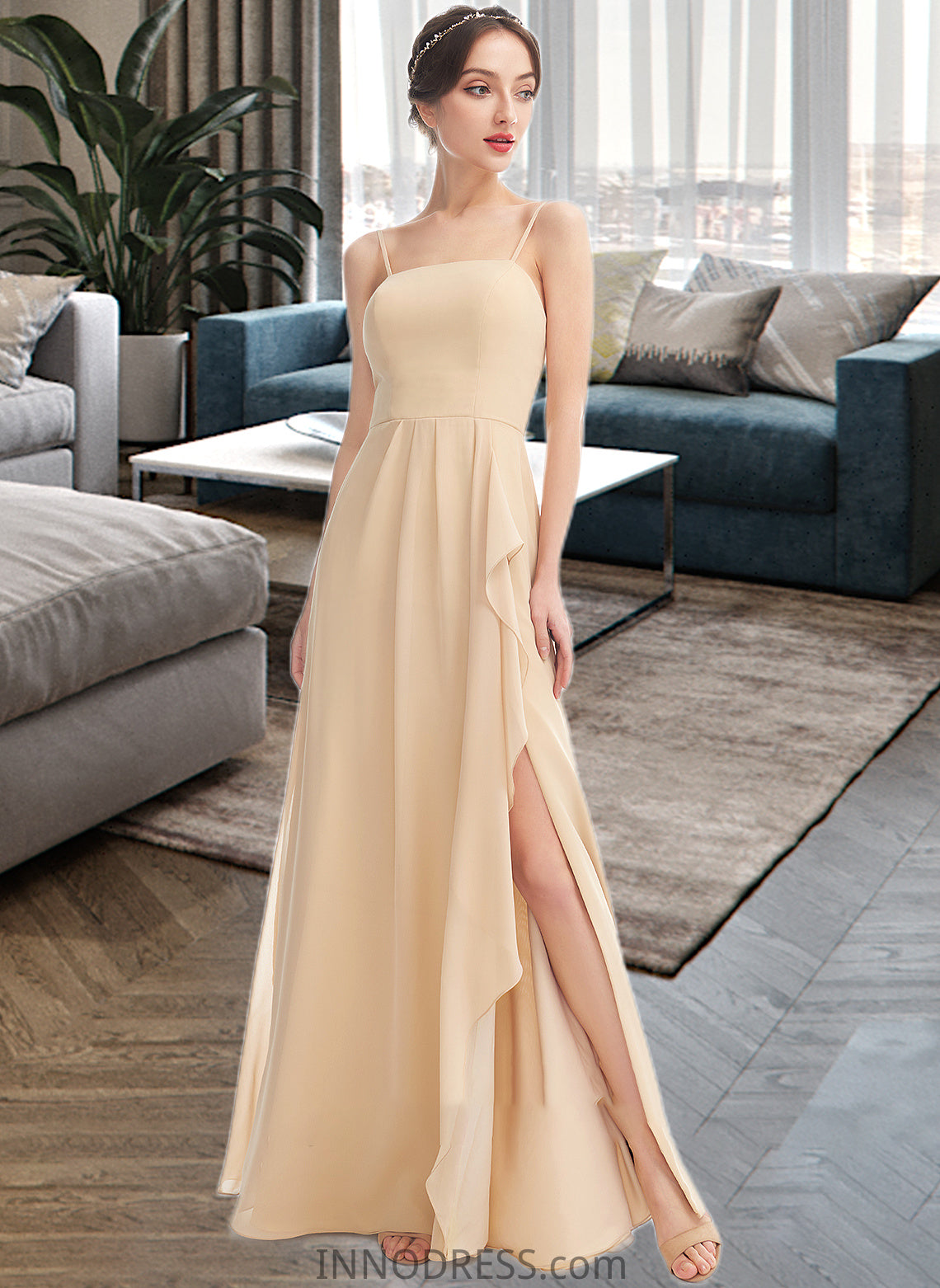 Sofia A-Line Square Neckline Floor-Length Bridesmaid Dress With Split Front DPP0013275