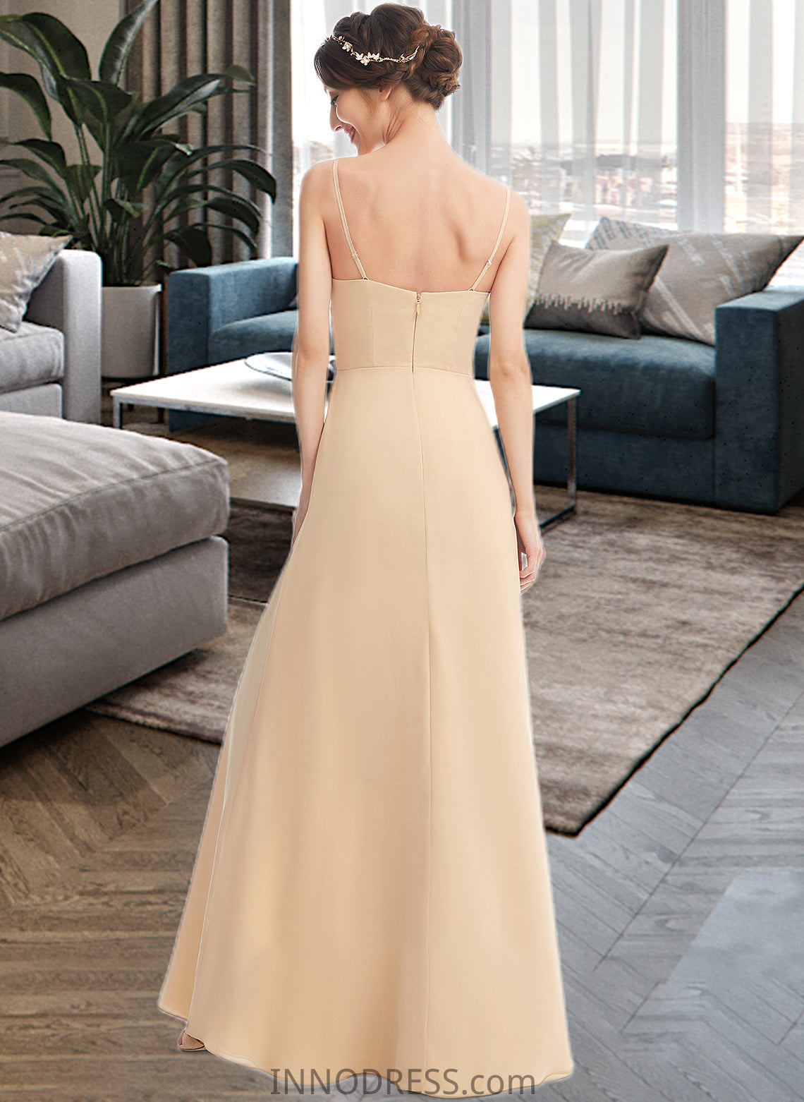 Sofia A-Line Square Neckline Floor-Length Bridesmaid Dress With Split Front DPP0013275