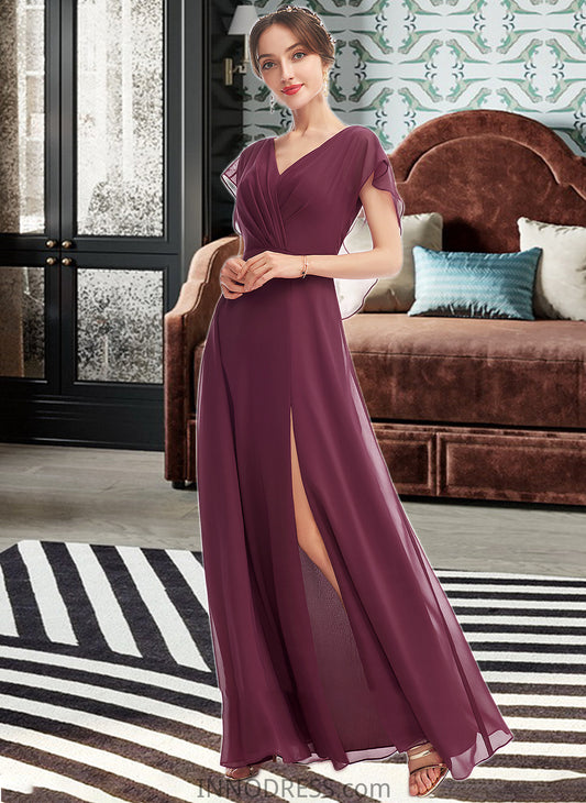 Lila A-Line V-neck Floor-Length Bridesmaid Dress With Ruffle Split Front DPP0013276