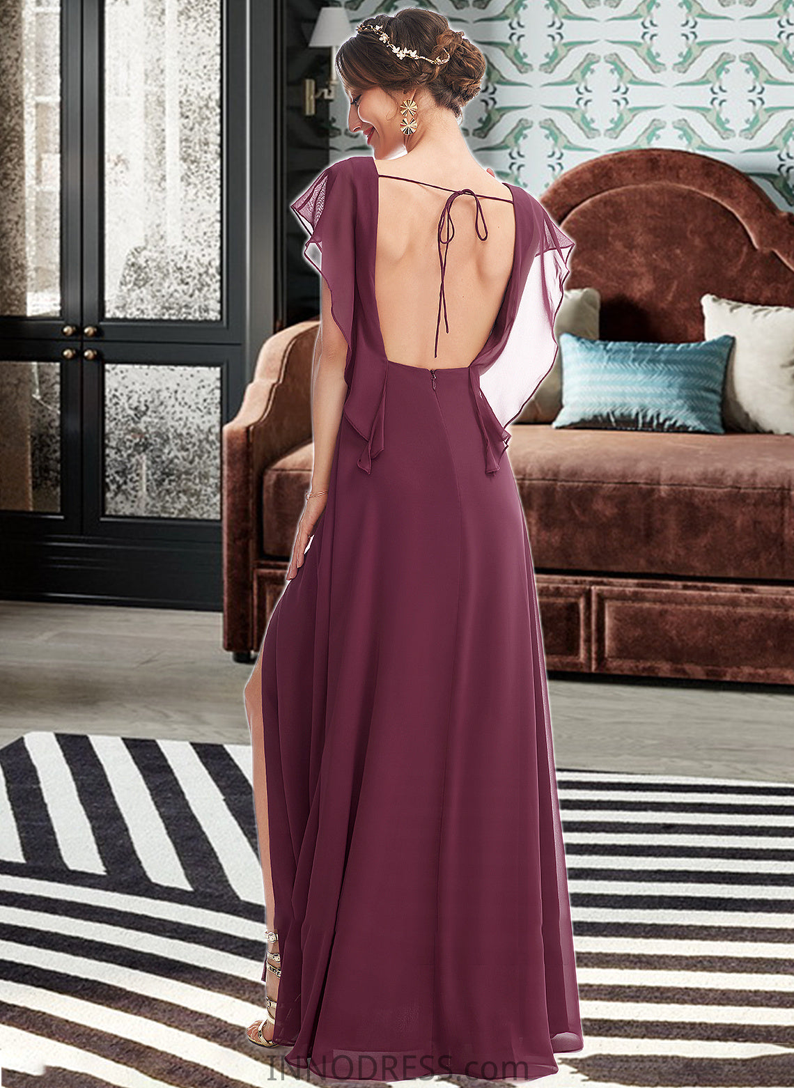 Lila A-Line V-neck Floor-Length Bridesmaid Dress With Ruffle Split Front DPP0013276