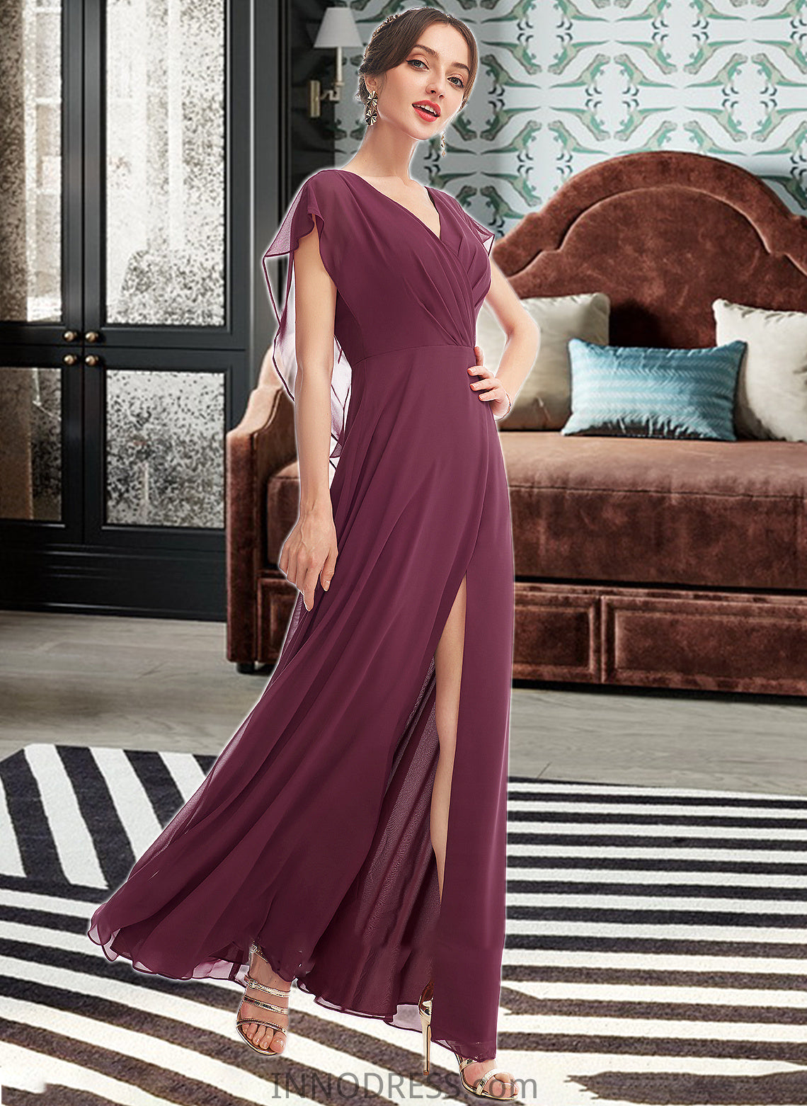 Lila A-Line V-neck Floor-Length Bridesmaid Dress With Ruffle Split Front DPP0013276