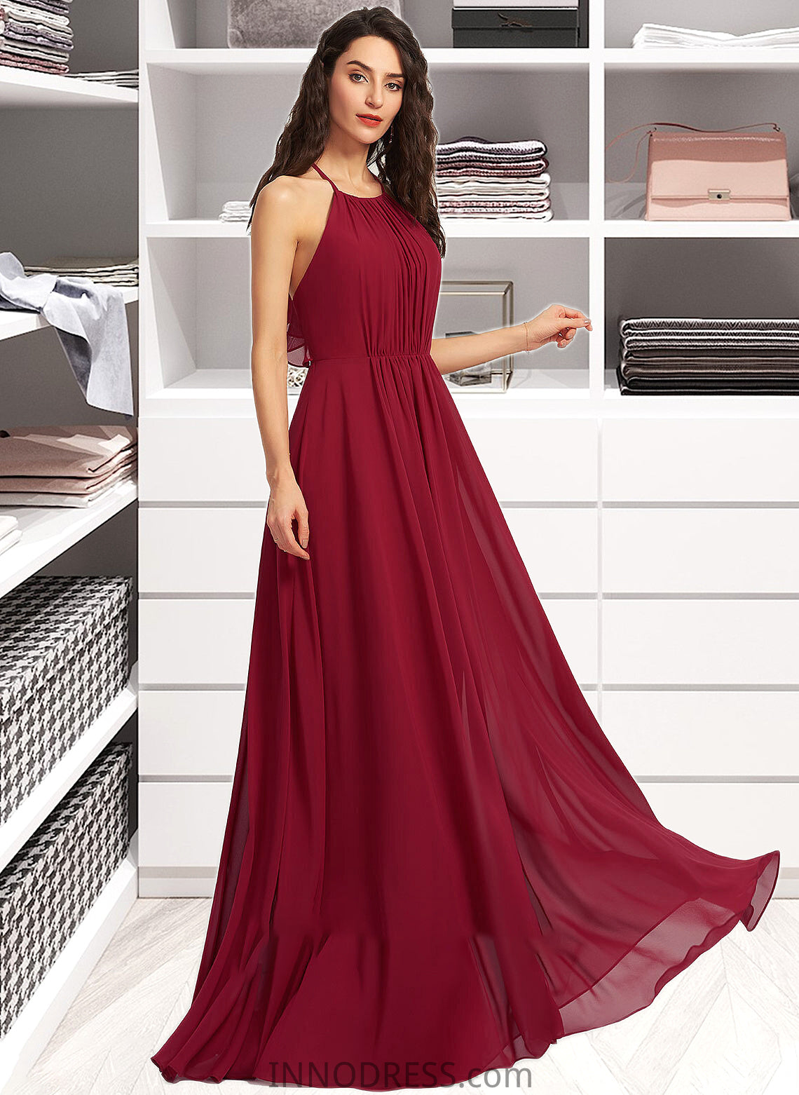 Natasha A-Line Scoop Neck Floor-Length Bridesmaid Dress With Ruffle DPP0013277