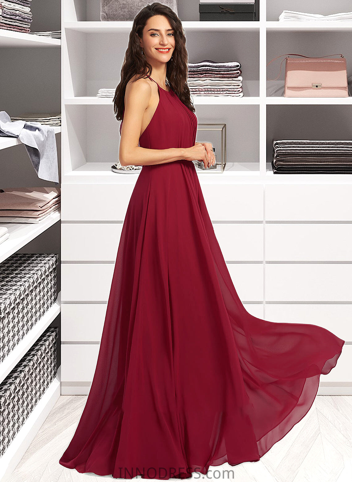 Natasha A-Line Scoop Neck Floor-Length Bridesmaid Dress With Ruffle DPP0013277