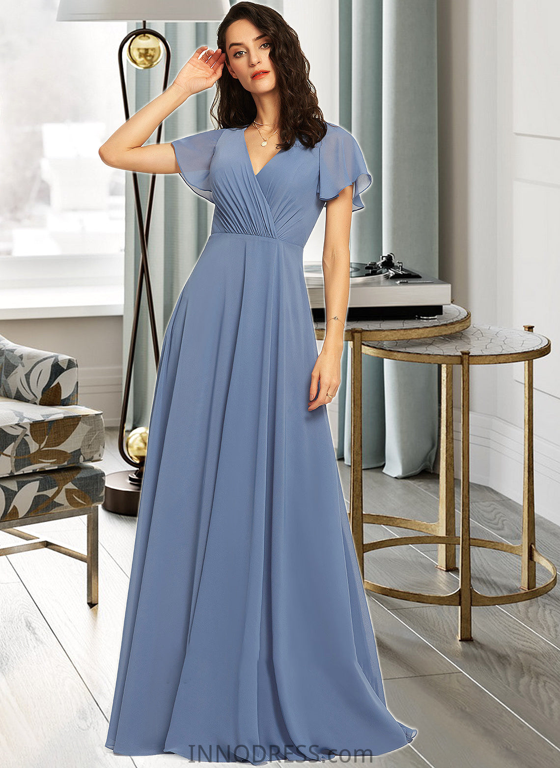 Lola A-Line V-neck Floor-Length Bridesmaid Dress With Lace DPP0013278