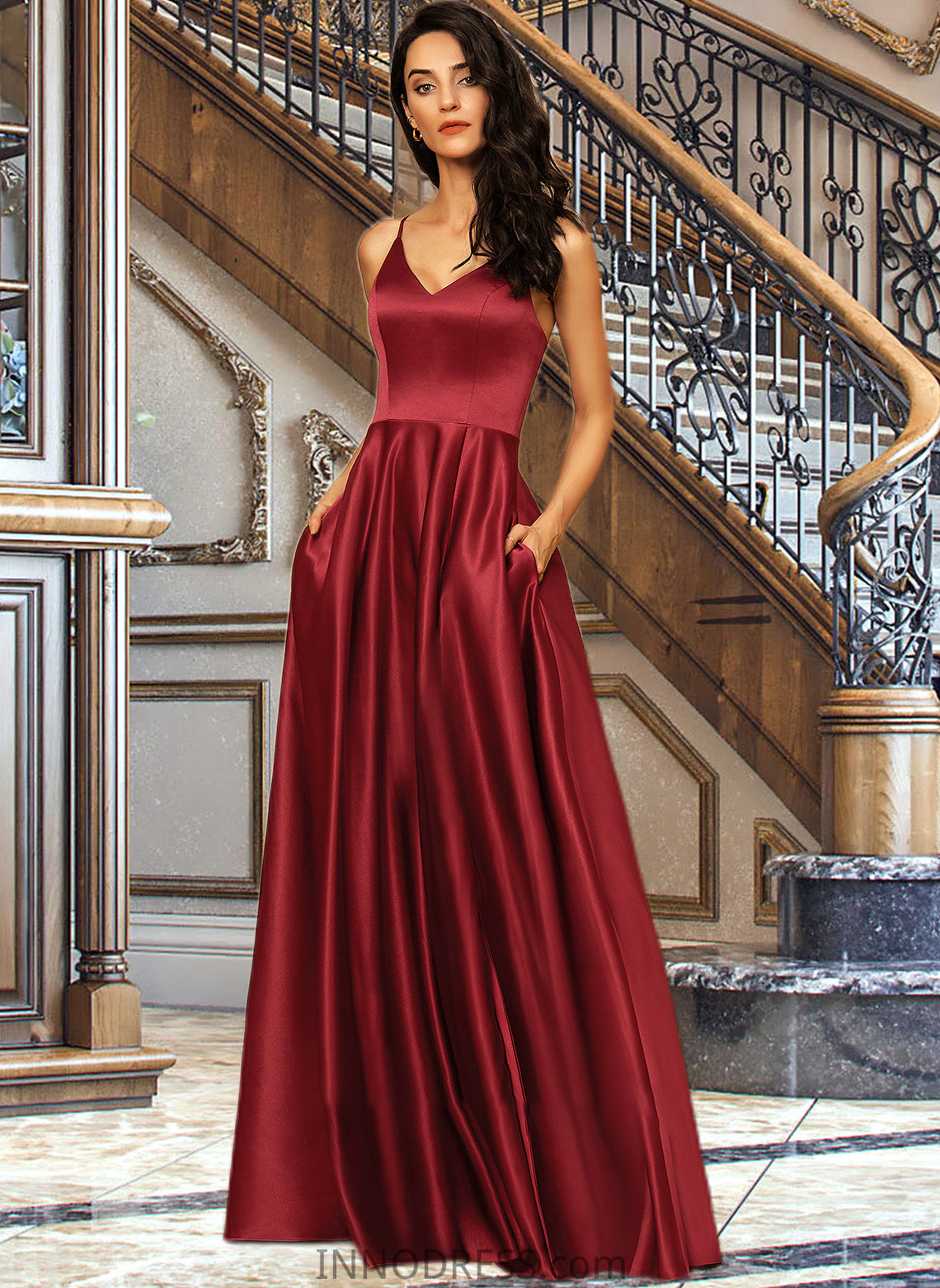 Viviana A-Line V-neck Floor-Length Satin Bridesmaid Dress With Pockets DPP0013279