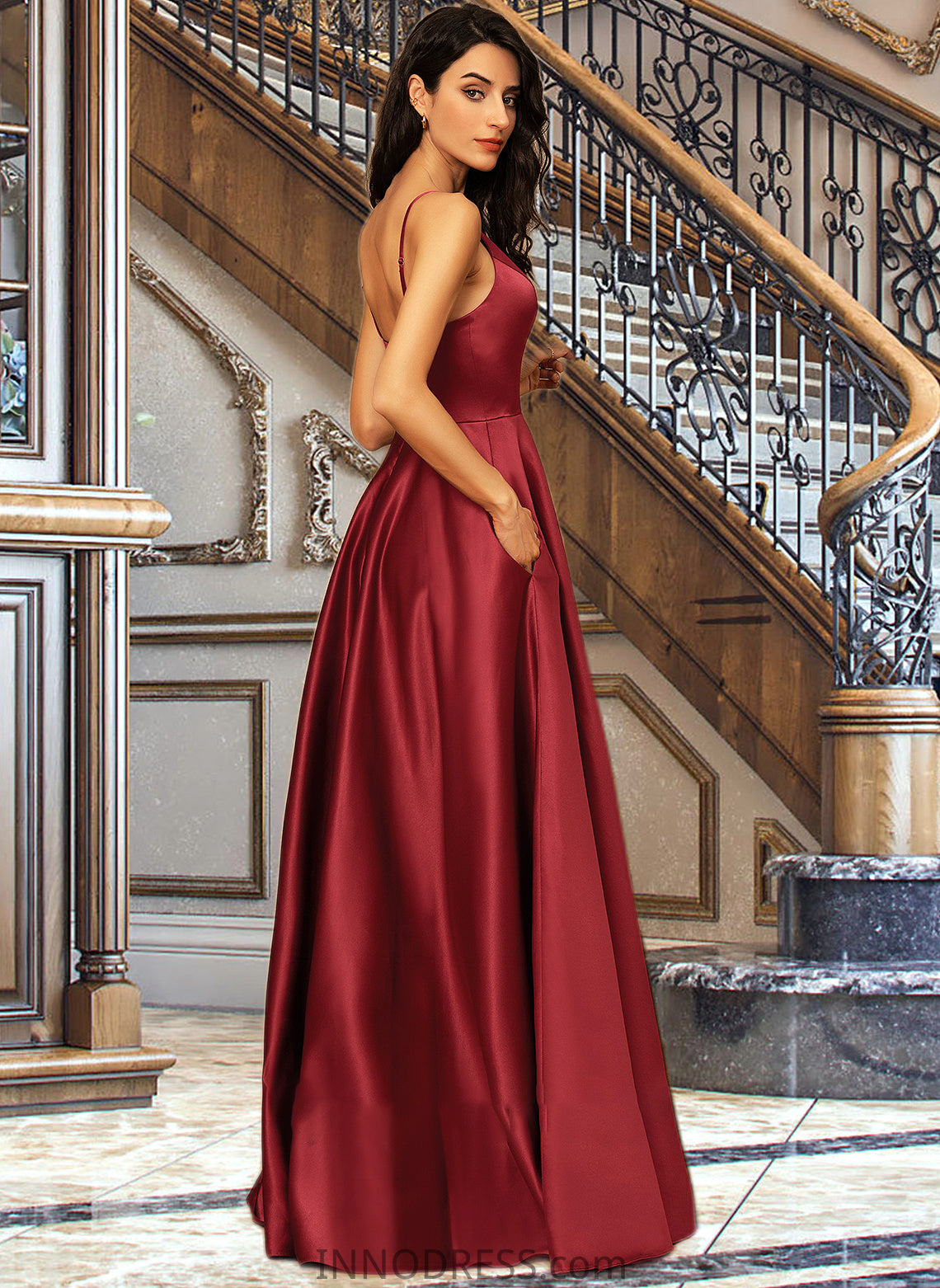 Viviana A-Line V-neck Floor-Length Satin Bridesmaid Dress With Pockets DPP0013279