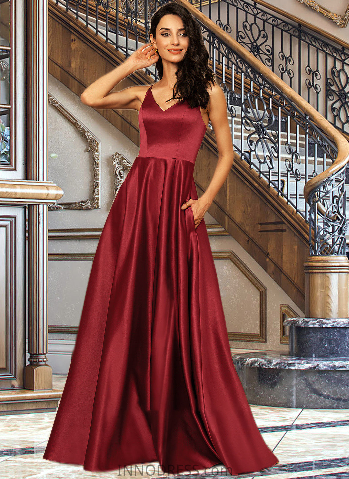 Viviana A-Line V-neck Floor-Length Satin Bridesmaid Dress With Pockets DPP0013279