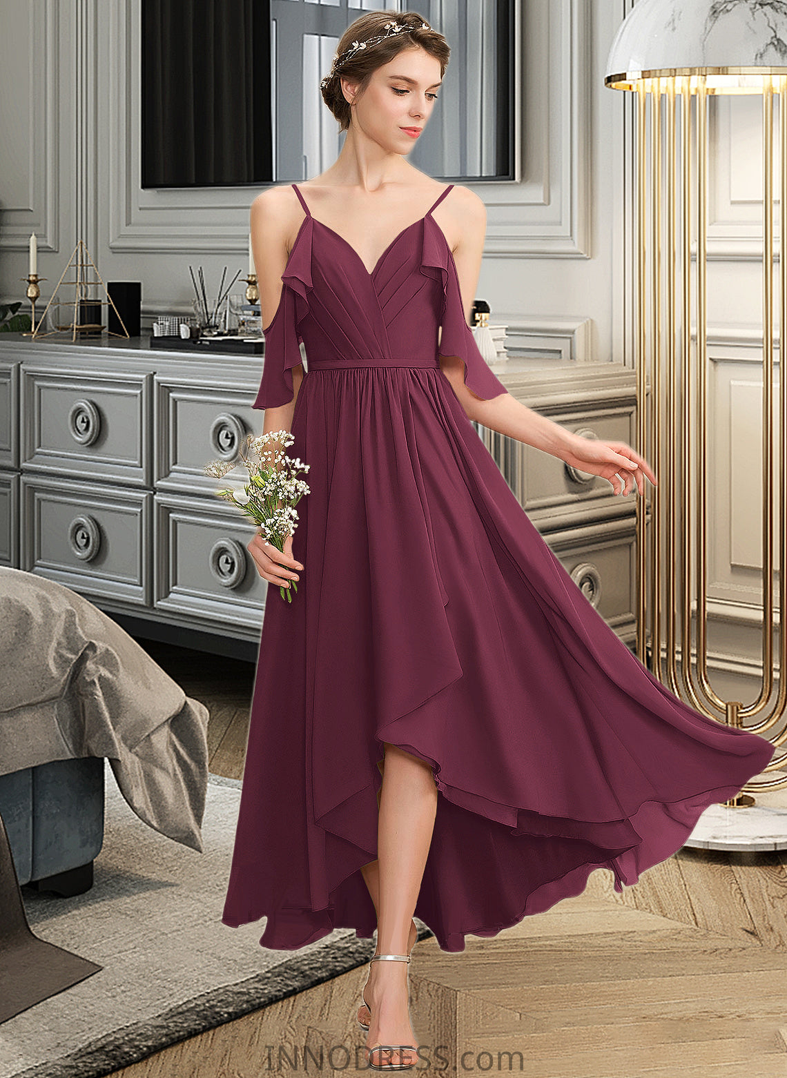 Ali A-Line V-neck Asymmetrical Chiffon Bridesmaid Dress With Cascading Ruffles DPP0013280