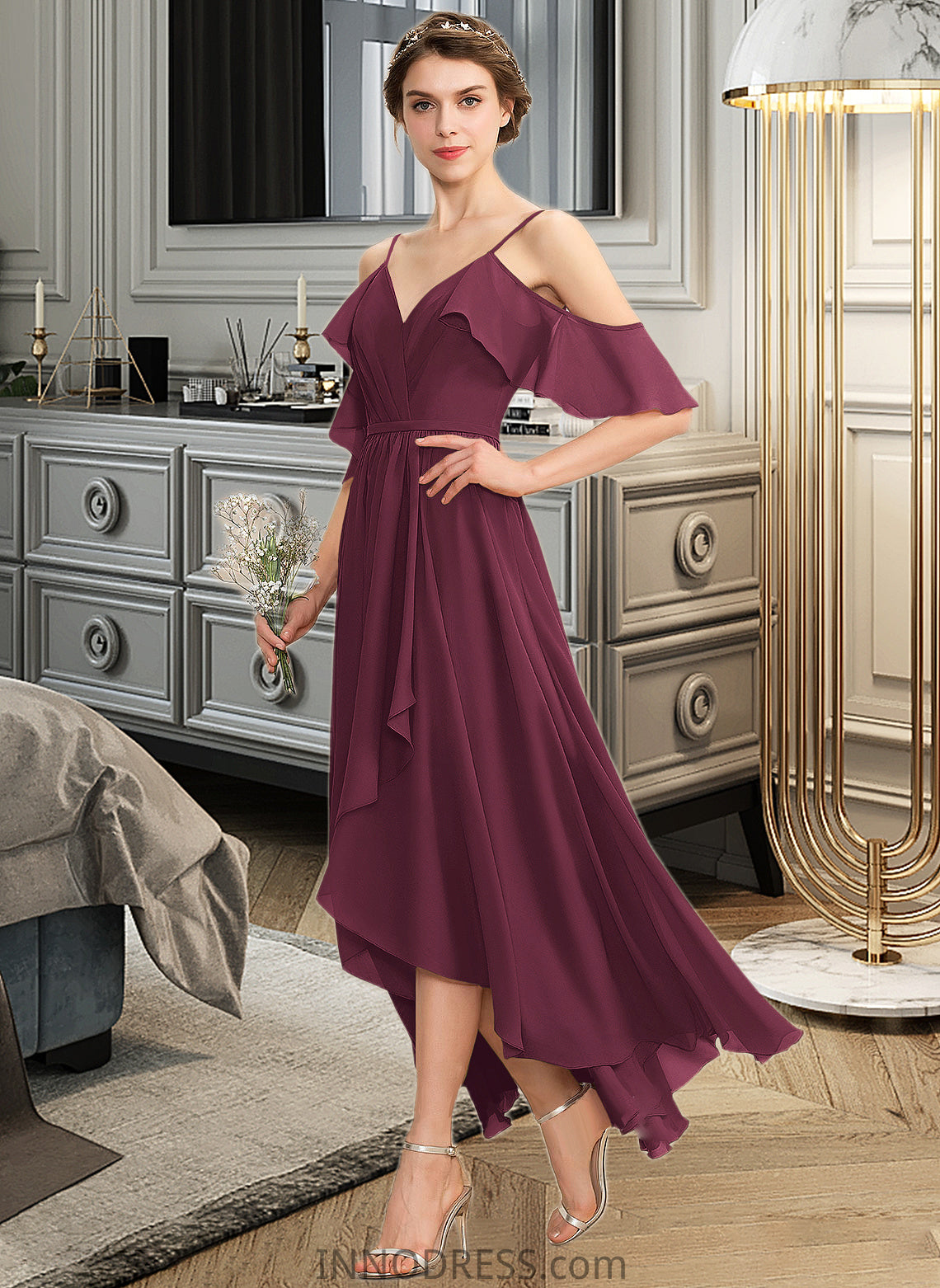 Ali A-Line V-neck Asymmetrical Chiffon Bridesmaid Dress With Cascading Ruffles DPP0013280