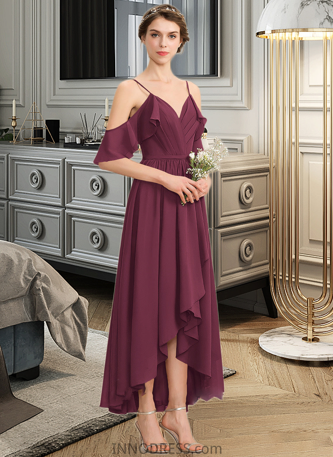 Ali A-Line V-neck Asymmetrical Chiffon Bridesmaid Dress With Cascading Ruffles DPP0013280