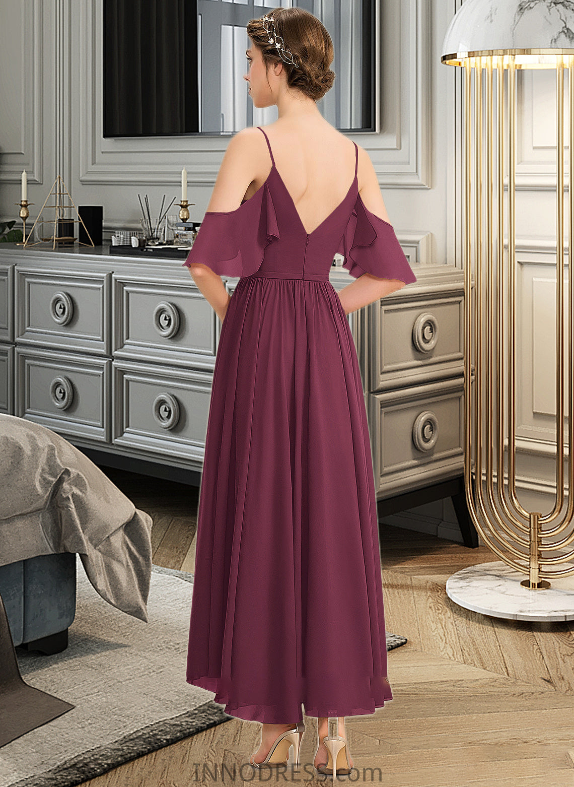 Ali A-Line V-neck Asymmetrical Chiffon Bridesmaid Dress With Cascading Ruffles DPP0013280