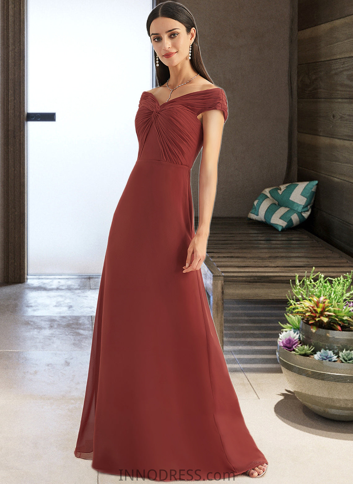 Alina Sheath/Column Off-the-Shoulder Floor-Length Bridesmaid Dress With Ruffle DPP0013284