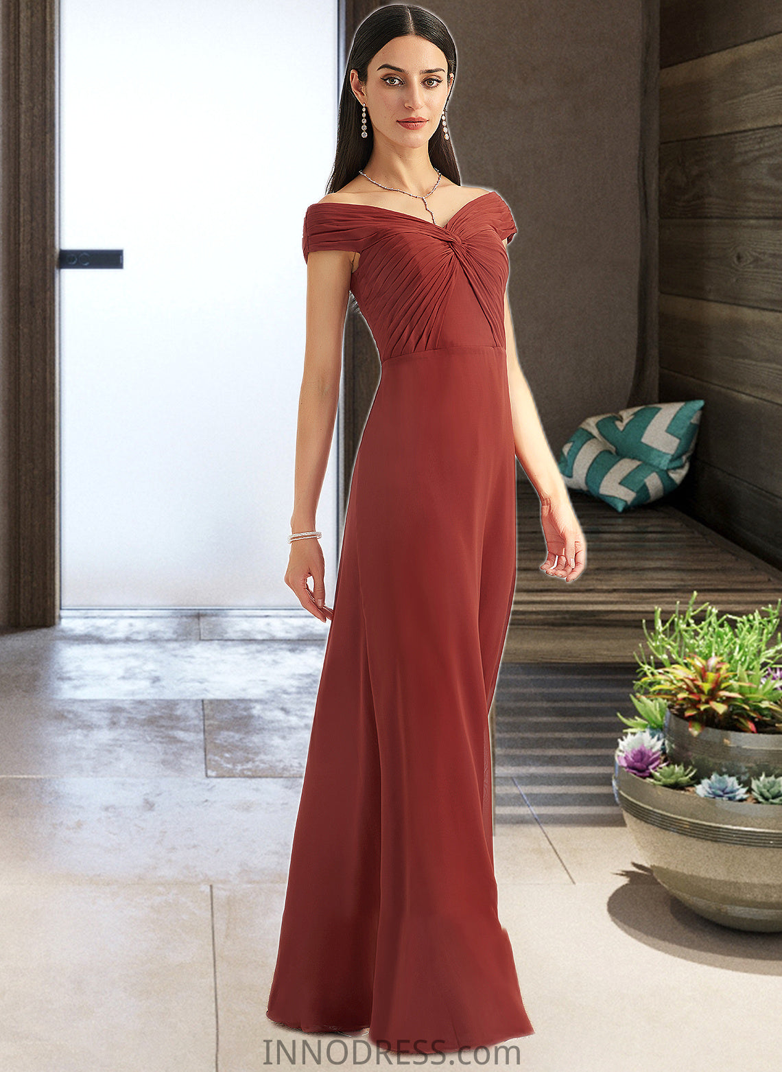 Alina Sheath/Column Off-the-Shoulder Floor-Length Bridesmaid Dress With Ruffle DPP0013284