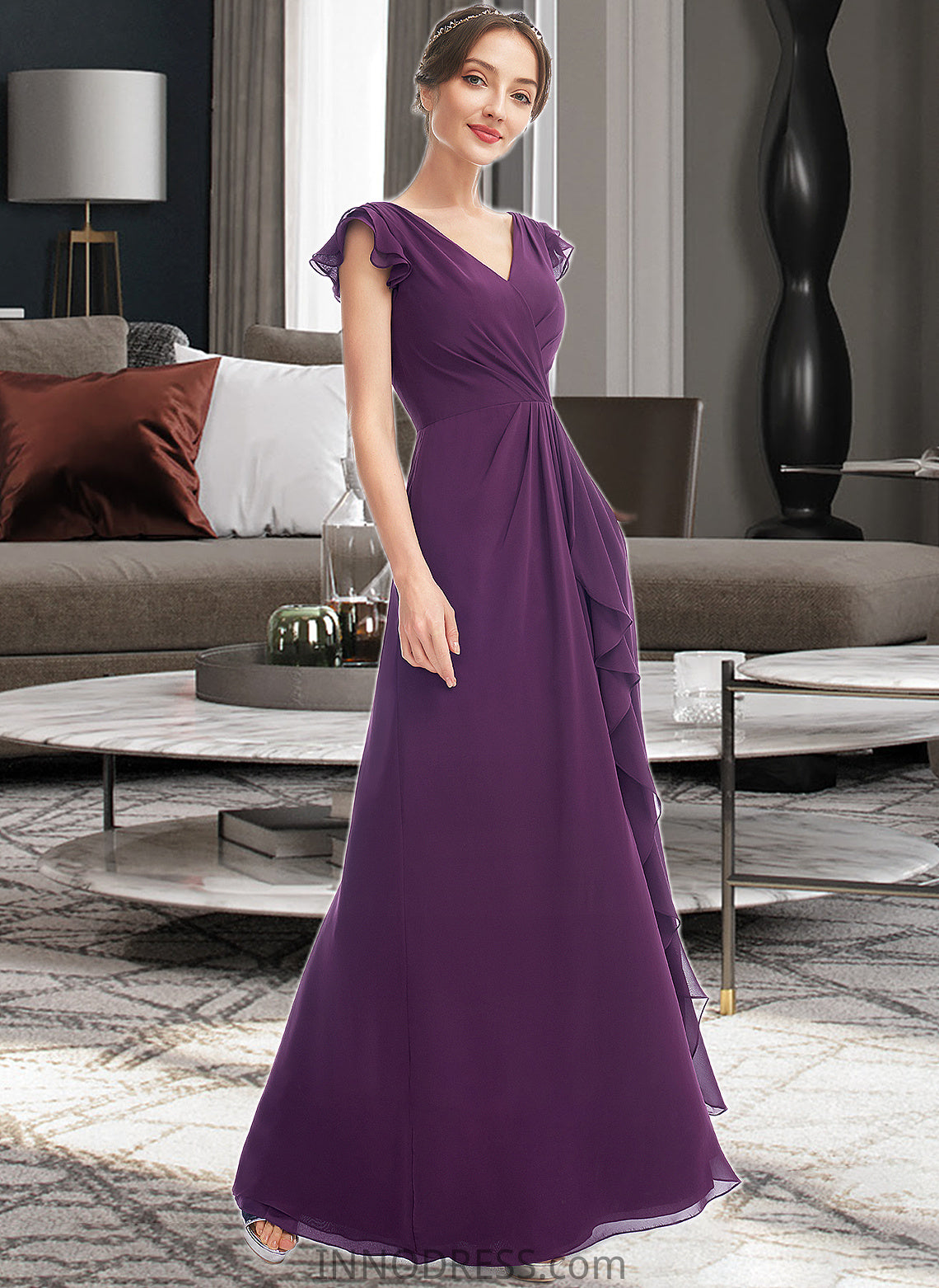 Sydney A-Line V-neck Floor-Length Bridesmaid Dress With Ruffle Pockets DPP0013285