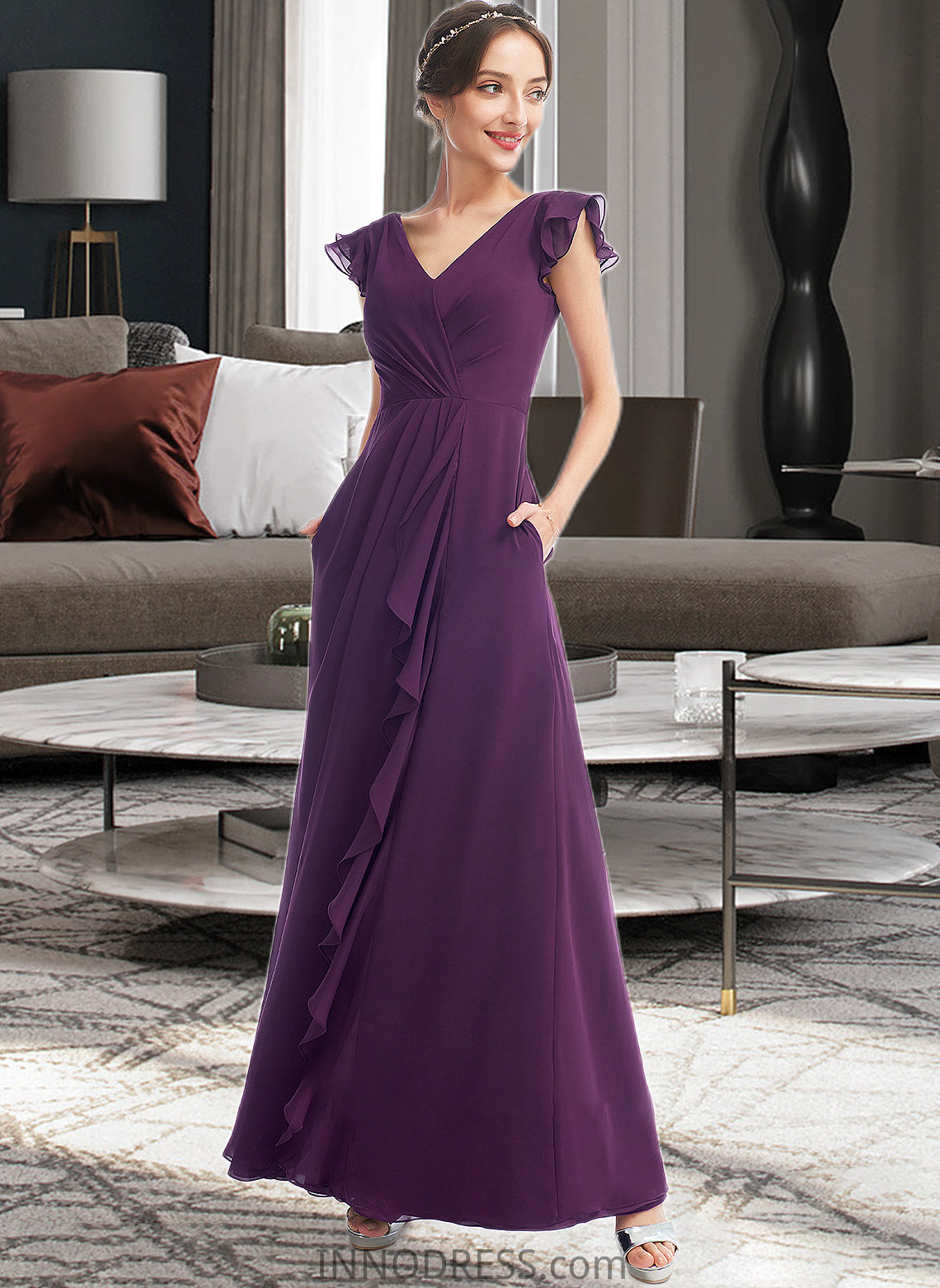 Sydney A-Line V-neck Floor-Length Bridesmaid Dress With Ruffle Pockets DPP0013285