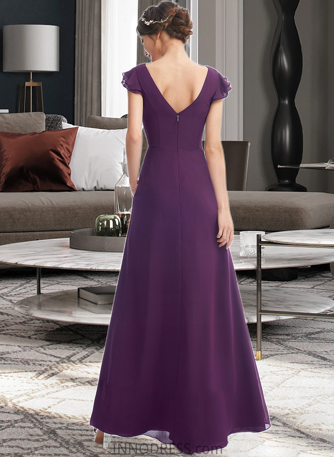 Sydney A-Line V-neck Floor-Length Bridesmaid Dress With Ruffle Pockets DPP0013285