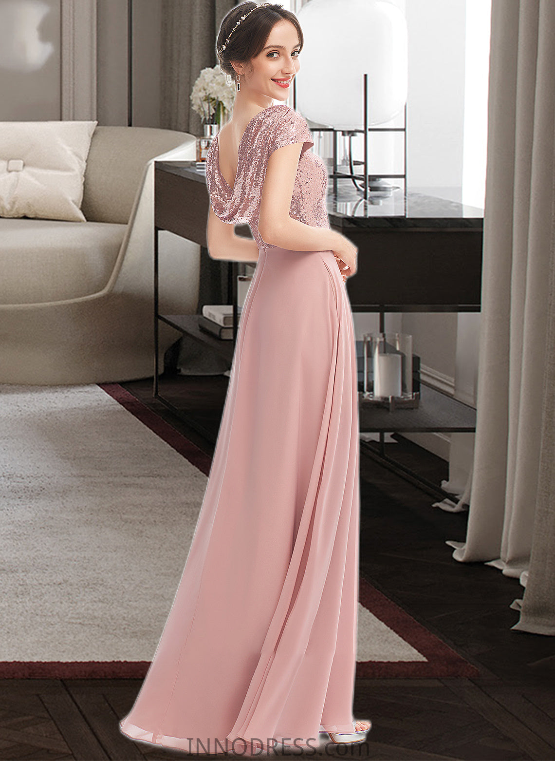 Liana A-Line Scoop Neck Floor-Length Bridesmaid Dress With Sequins Split Front DPP0013286