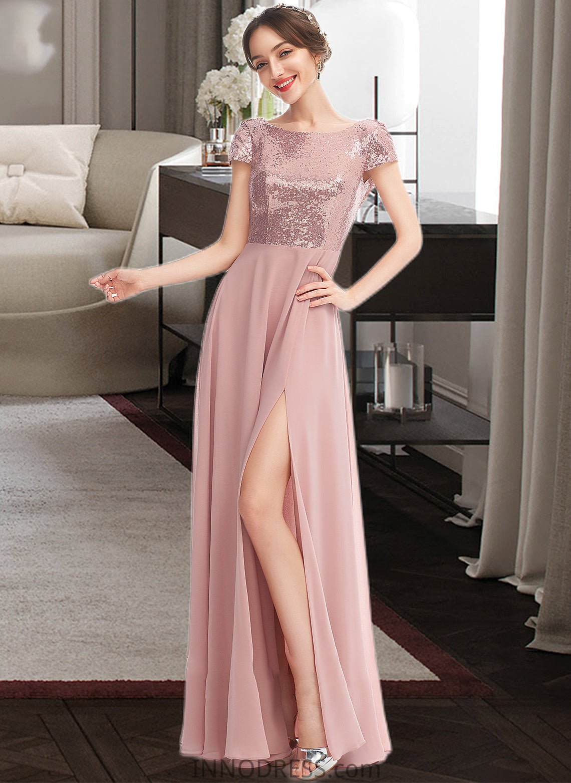 Liana A-Line Scoop Neck Floor-Length Bridesmaid Dress With Sequins Split Front DPP0013286