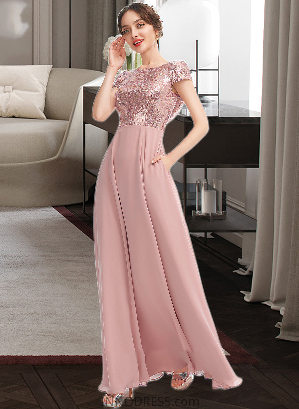 Liana A-Line Scoop Neck Floor-Length Bridesmaid Dress With Sequins Split Front DPP0013286