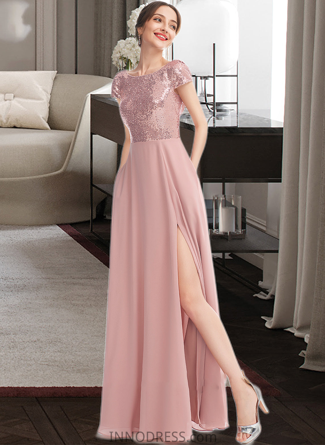 Liana A-Line Scoop Neck Floor-Length Bridesmaid Dress With Sequins Split Front DPP0013286