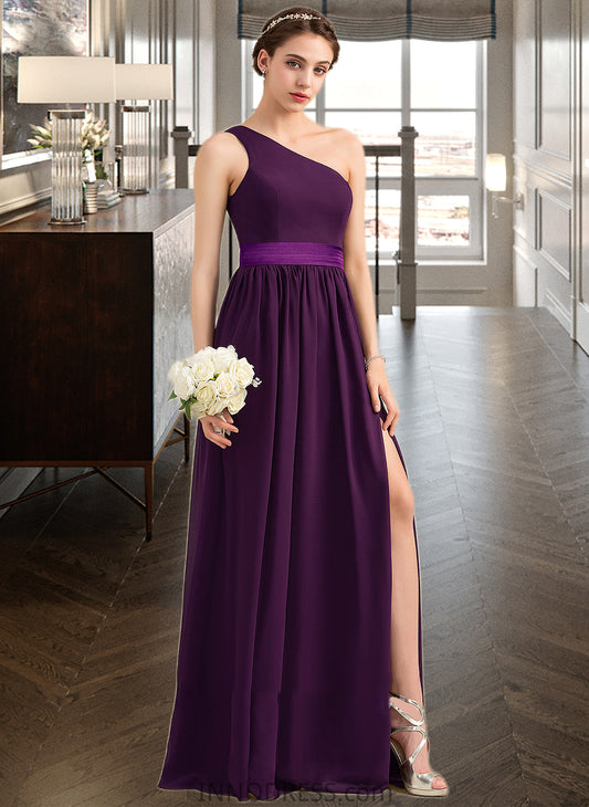 Addisyn A-Line/Princess One-Shoulder Floor-Length Chiffon Charmeuse Bridesmaid Dress With Ruffle Split Front DPP0013288