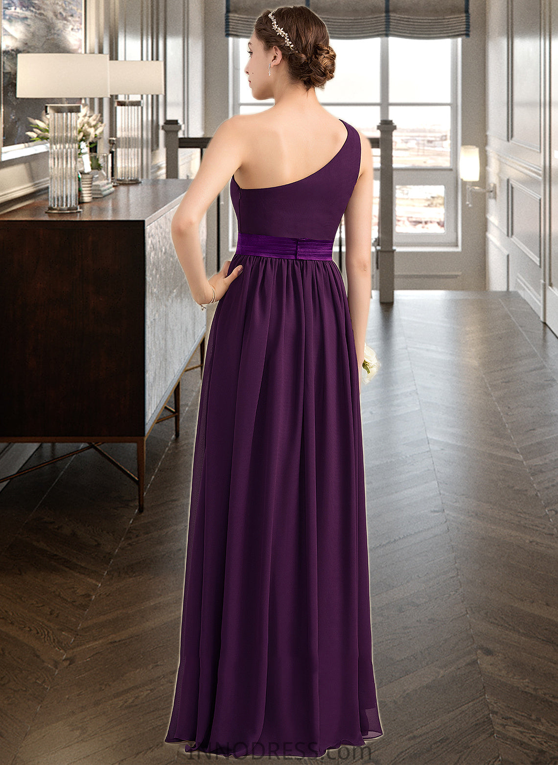 Addisyn A-Line/Princess One-Shoulder Floor-Length Chiffon Charmeuse Bridesmaid Dress With Ruffle Split Front DPP0013288