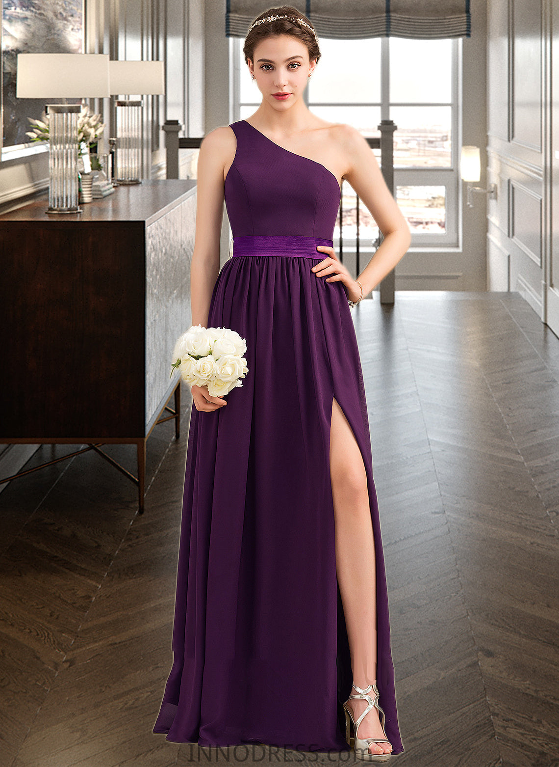 Addisyn A-Line/Princess One-Shoulder Floor-Length Chiffon Charmeuse Bridesmaid Dress With Ruffle Split Front DPP0013288