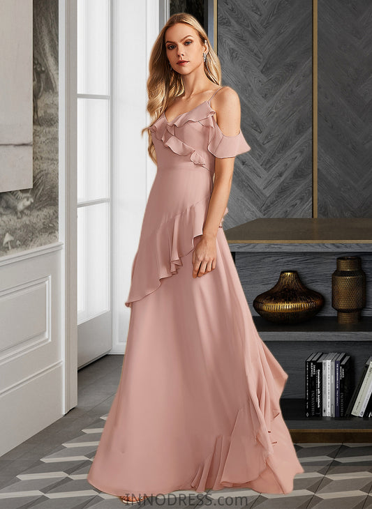 Sidney A-Line V-neck Floor-Length Bridesmaid Dress With Ruffle DPP0013289