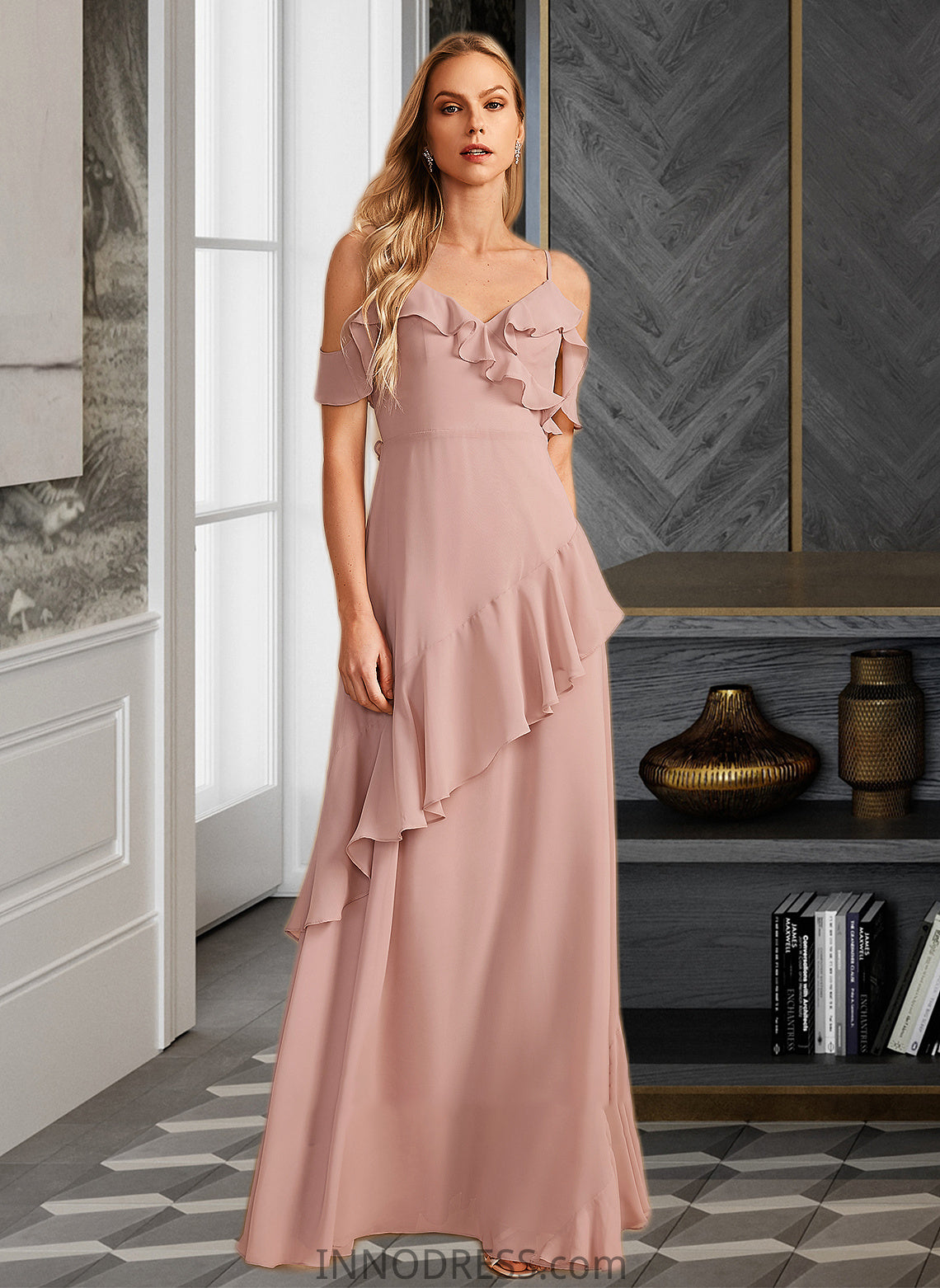 Sidney A-Line V-neck Floor-Length Bridesmaid Dress With Ruffle DPP0013289