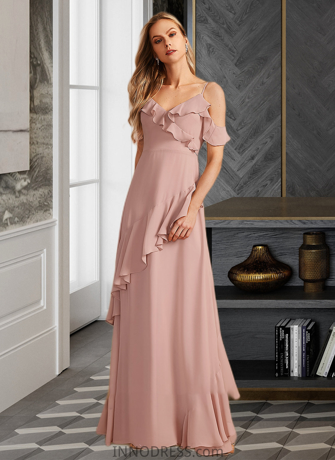 Sidney A-Line V-neck Floor-Length Bridesmaid Dress With Ruffle DPP0013289