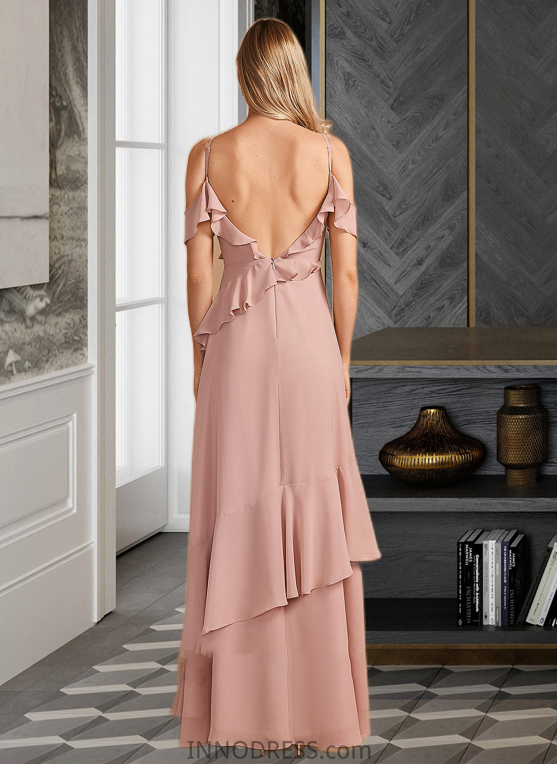 Sidney A-Line V-neck Floor-Length Bridesmaid Dress With Ruffle DPP0013289