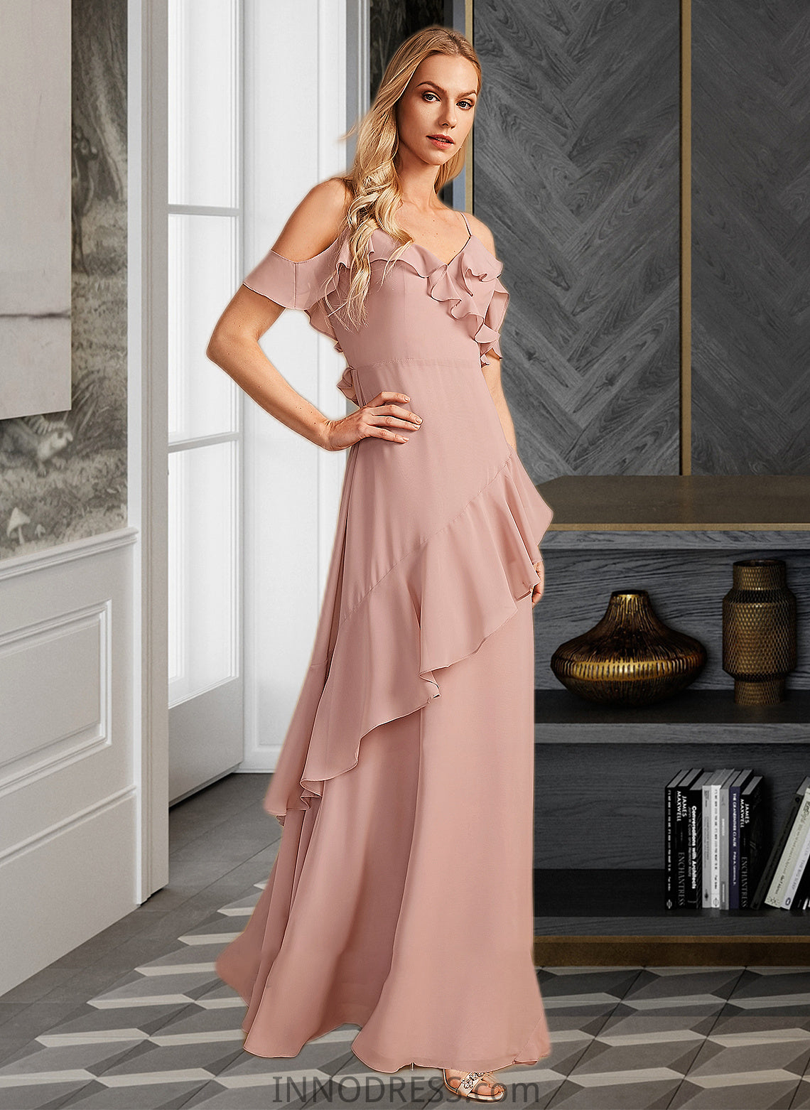 Sidney A-Line V-neck Floor-Length Bridesmaid Dress With Ruffle DPP0013289