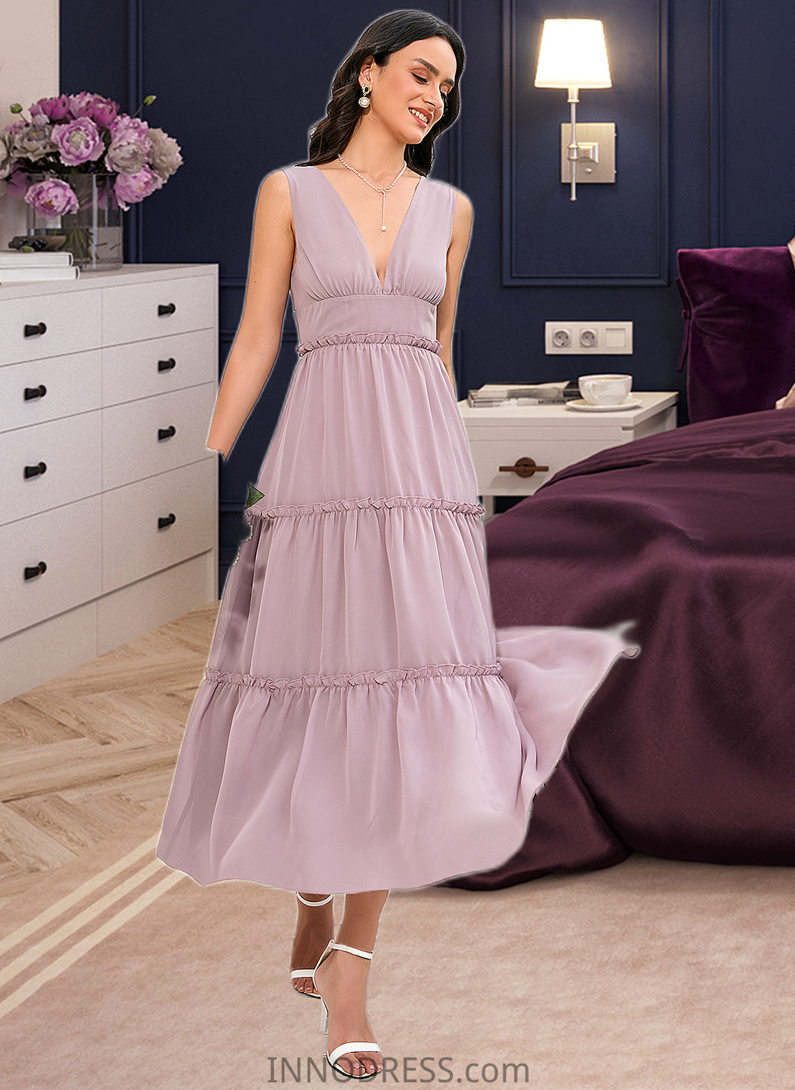 Harley A-LineV-neckTea-LengthBridesmaidDress#273655 DPP0013290