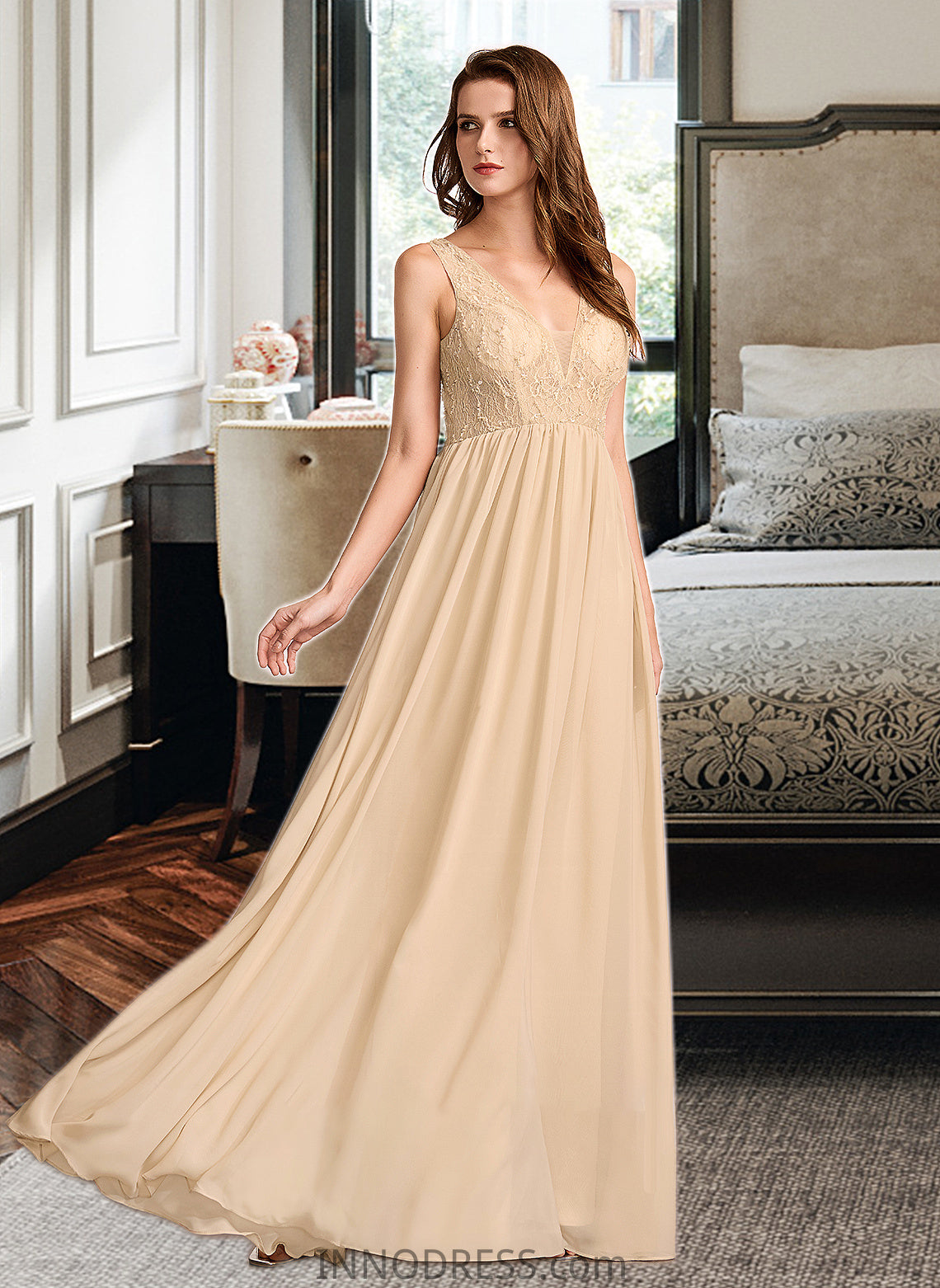 Saniya A-Line V-neck Floor-Length Bridesmaid Dress With Sequins DPP0013291