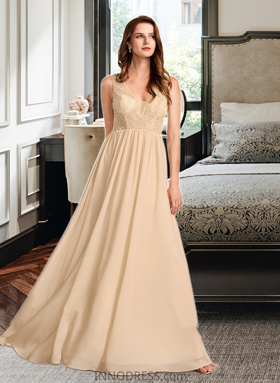 Saniya A-Line V-neck Floor-Length Bridesmaid Dress With Sequins DPP0013291