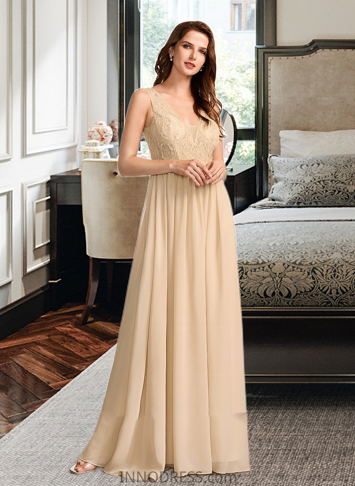 Saniya A-Line V-neck Floor-Length Bridesmaid Dress With Sequins DPP0013291