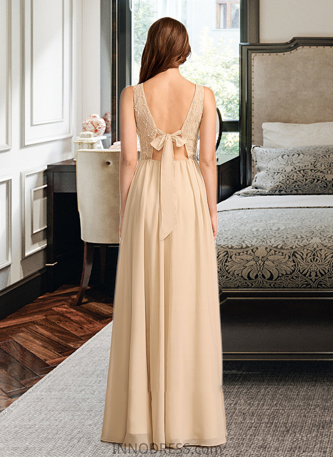 Saniya A-Line V-neck Floor-Length Bridesmaid Dress With Sequins DPP0013291