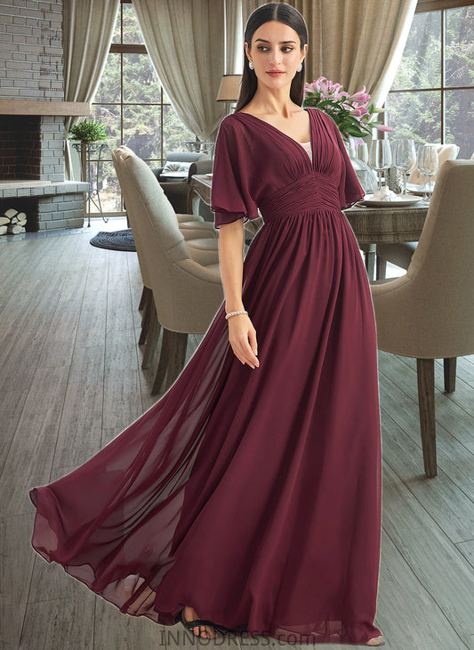 Cierra A-Line V-neck Floor-Length Bridesmaid Dress With Ruffle DPP0013292