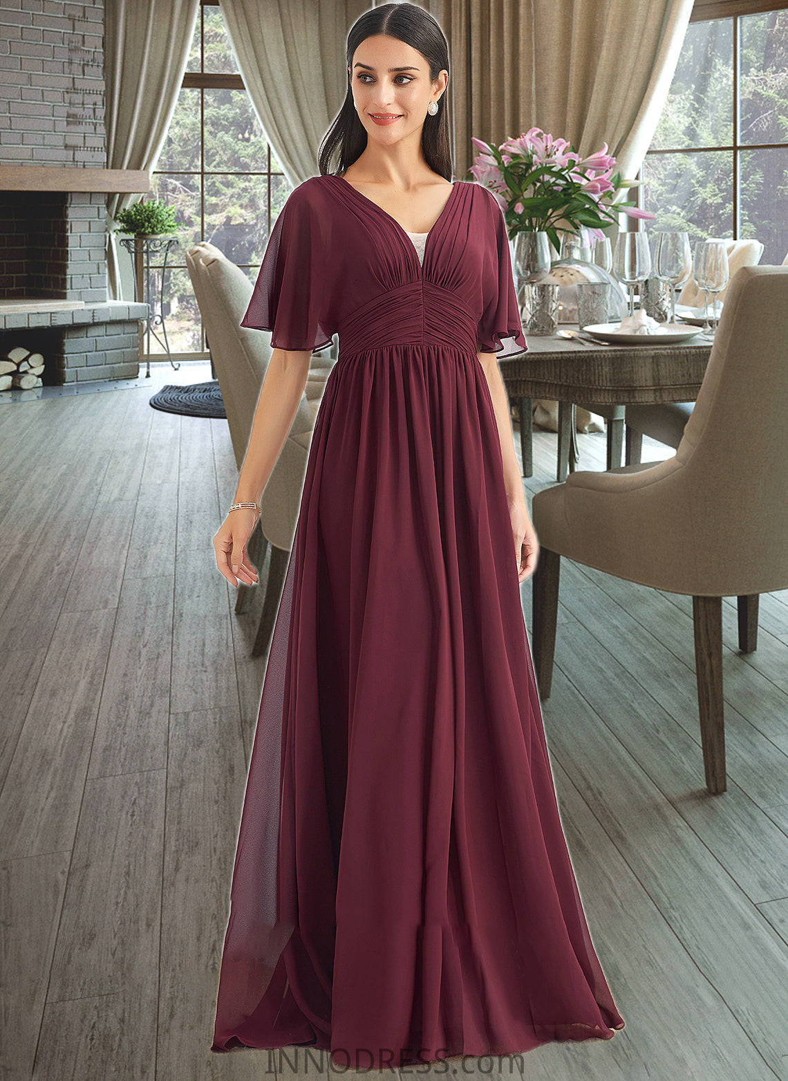 Cierra A-Line V-neck Floor-Length Bridesmaid Dress With Ruffle DPP0013292