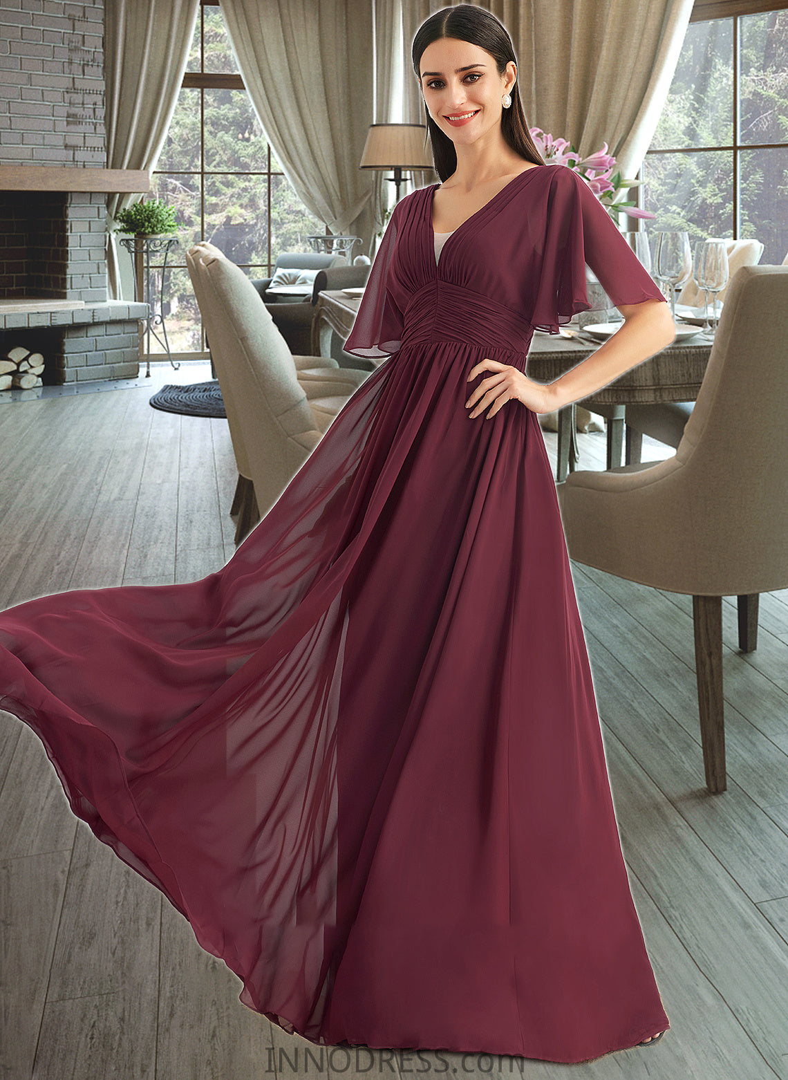 Cierra A-Line V-neck Floor-Length Bridesmaid Dress With Ruffle DPP0013292