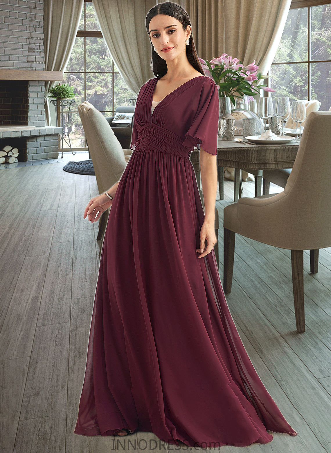 Cierra A-Line V-neck Floor-Length Bridesmaid Dress With Ruffle DPP0013292