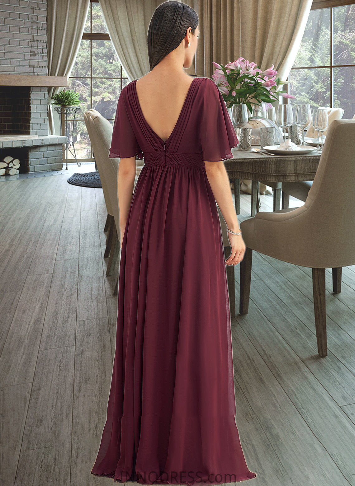 Cierra A-Line V-neck Floor-Length Bridesmaid Dress With Ruffle DPP0013292