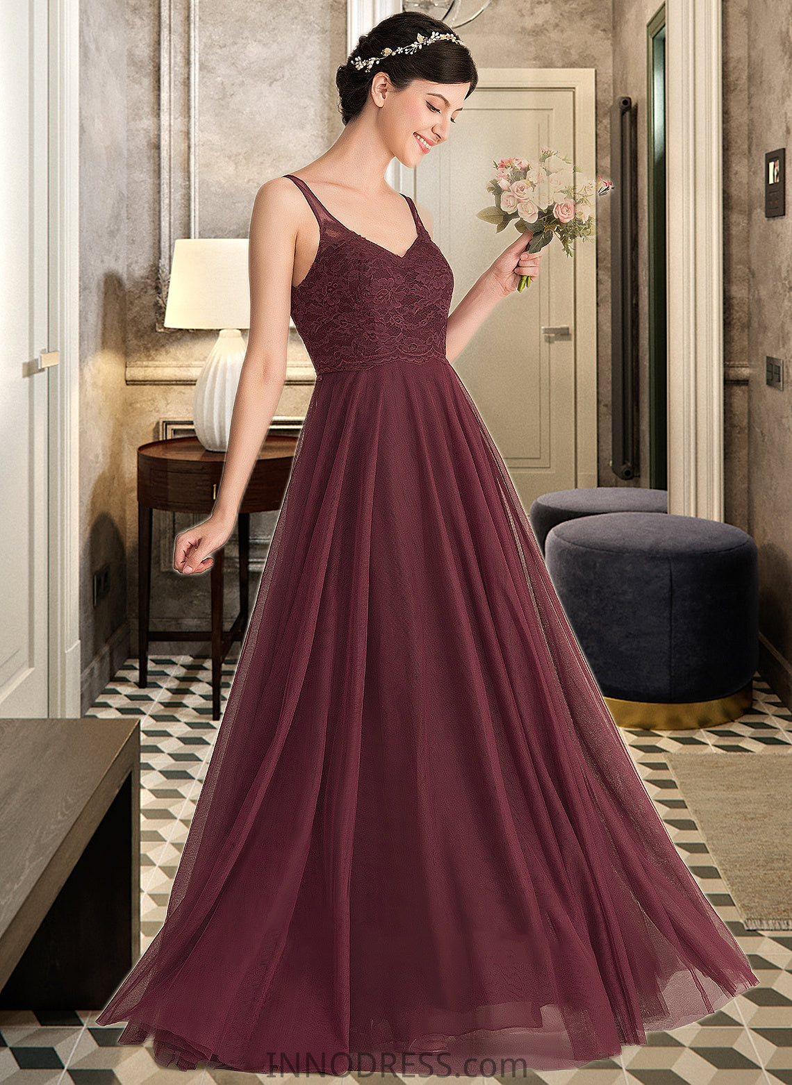 Ellen A-Line/Princess V-neck Floor-Length Tulle Lace Bridesmaid Dress DPP0013295