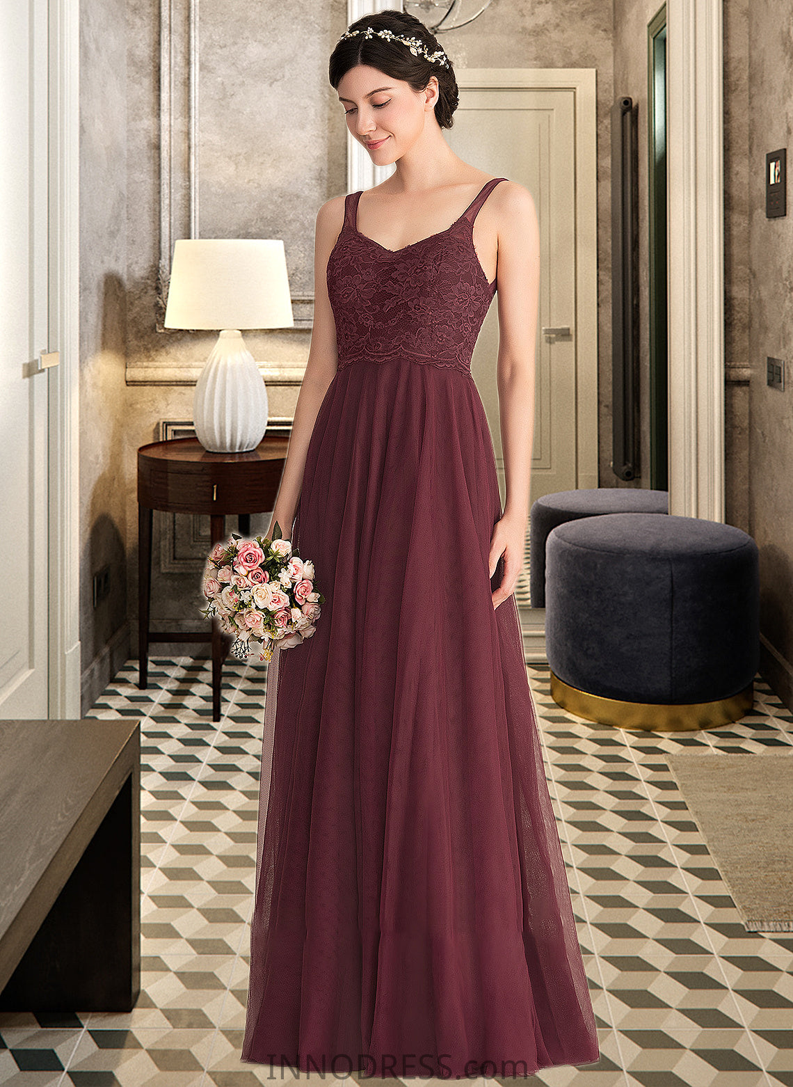 Ellen A-Line/Princess V-neck Floor-Length Tulle Lace Bridesmaid Dress DPP0013295