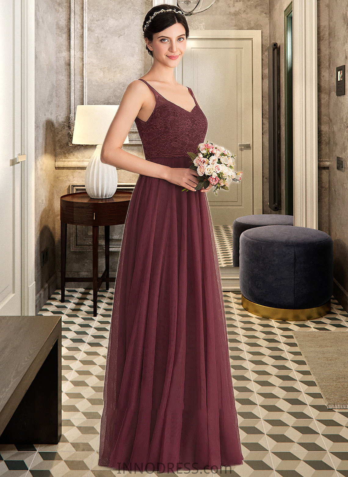 Ellen A-Line/Princess V-neck Floor-Length Tulle Lace Bridesmaid Dress DPP0013295